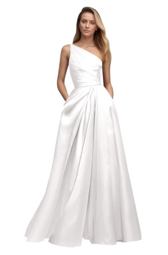 Dream Wedding Patchwork Satin Prom Dresses with Pockets White 2