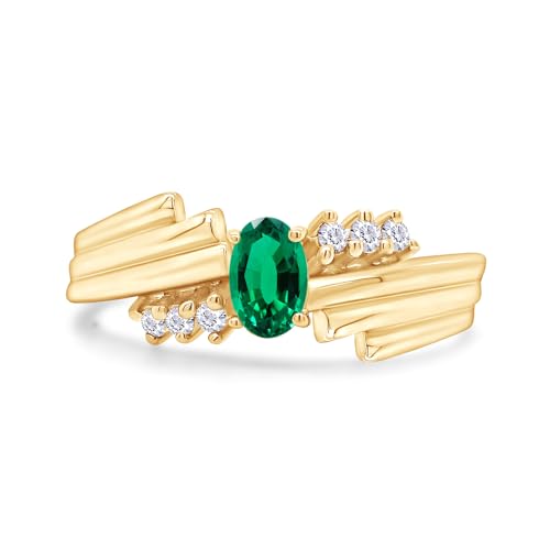 AFFY 6X4MM Oval Shape Simulated Birthstone and Round Natural Diamond Engagement Ring In 14K Yellow Gold Over 925 Sterling Silver2