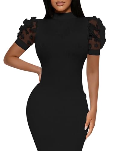 Annystore Women's Mesh See Through Sheer Dress Short Puff Sleeve Bodycon Dress Mock Neck Sexy Club Party Midi Dress Clubwear2