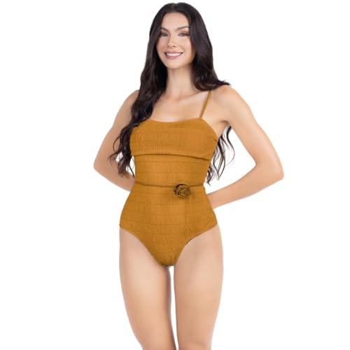 Maiô Body Feminino Texturizado com Detalhe de Broche Flor, Preto (BR, Alfa, G, Regular, Mostarda)
