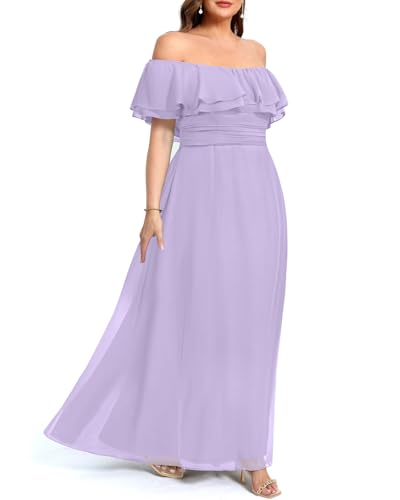 Image of Pinup Fashion Plus Size Formal Bridesmaid Wedding Guest Chiffon Long Dress | Chiffon, off-the-shoulder neckline, layered ruffles, ruched elastic waist, floor-length, evening party, wedding guest