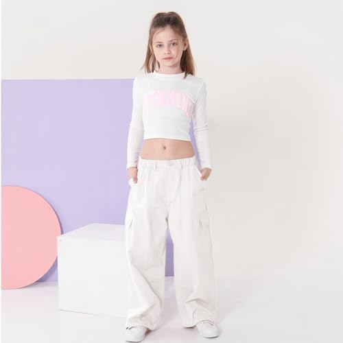 Image of Rolanko Girls Cargo Pants Wide Leg Streetwear Kids Pants with Pockets Trendy Jogger Trousers 4-14 Years