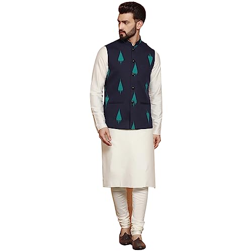 Image of KISAH Men's Navy Blue Printed Cotton Kurta - Regular Fit Long Tunic with Mandarin Collar | Ethnic Wear for Weddings & Festive Occasions