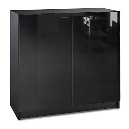 Vladon Sideboard Logan, Made in Germany, Kommode mit 2 Türen, Schwarz matt/Schwarz Hochglanz (82 x 78 x 37 cm)