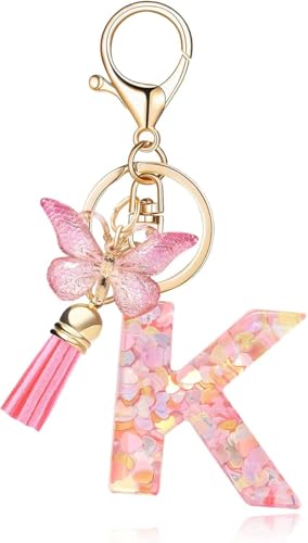 Image of GEOCARTER Lightweight Fashion Initial Letter Key Ring with Butterfly Pendant & Tassel, Stylish Purse Charm for Handbags, Car Keys, Gifts for Girls & Women