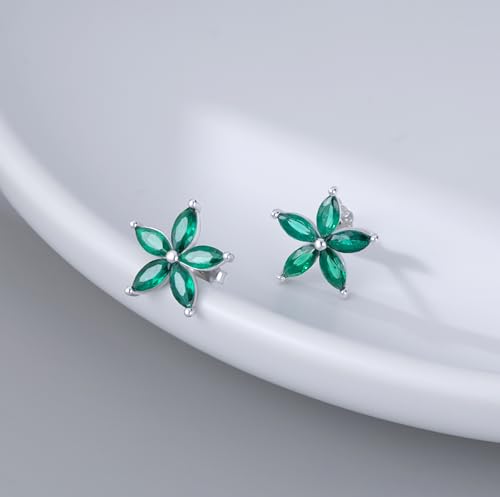 SLUYNZ Solid 925 Sterling Silver Green CZ Flower Earrings Stud for Women Teens Flower Stud Earrings Post4