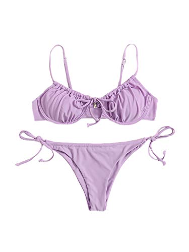 Verdusa Women s Knot Front Underwire Tie Side 2 Piece Bikini Set Swimsuit Lilac Purple M