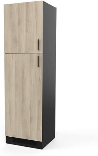 Colonne De Cuisine 2 Portes Style Industriel – Origan – Coloris Noir Mat & Chêne Kronberg - 60 x 60 x 207 cm
