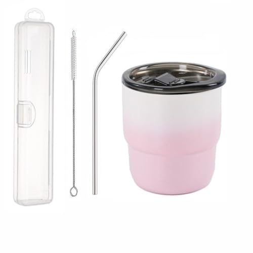 Zahidlerステンレス タンブラー 蓋付き こぼれない 255ml グラデーション ミニカップ ポータブルマグ 2 重構造 304 ステンレス コーヒータンブラー(断熱機能付き) 防水蓋?ストロー付き (グラデーションピンク)