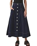 CHARTOU Women Long Jean Skirt Front Buttons High Waist Zip Up Patchwork A Line Midi Denim Skirt with Big Hem (X-Small,Dark Blue)