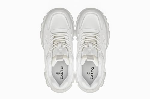 CALTO Men's Invisible Height Increasing Elevator Shoes - White/Translucent White Sole Chunky Sole Lace-up Sporty Sneakers - 2.6 Inches Taller - S5285 - Size 12 D(M) US4