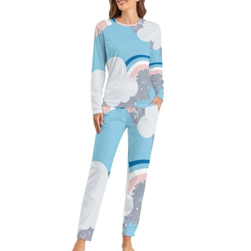 Pyjama femme nuages blancs t-shirt manches longues anti-froid pour dormir
