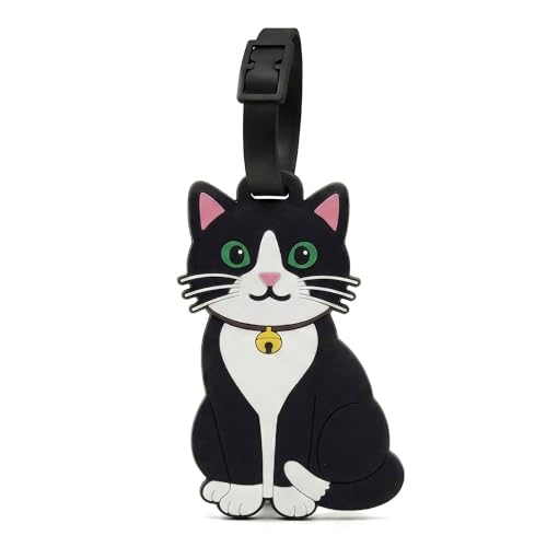 Tuxedo Cat Silicone Luggage Tag for Suitcases Flexible Travel Bag Name Label with Adjustable Strap Cute Bag Identifier for Backpacks School Bags Carry On Bags and Pet Lovers