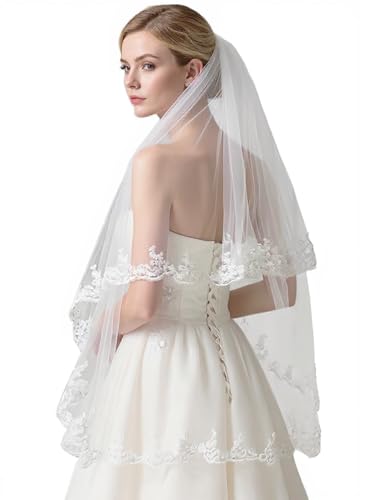 Women's 2 Tier Lace Wedding Bridal Veil with Comb Soft Tulle Mantilla Veils for Church White