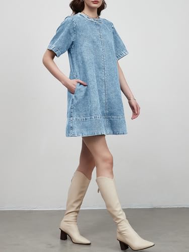 Image of LifeShe Denim Dress for Women Summer Casual Short Sleeve Chambray Mini Jean Dresses with Pockets