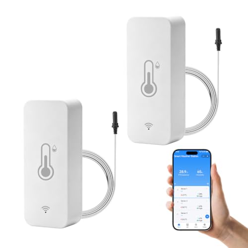 2 Stück WLAN Thermometer Hygrometer mit Fühler, Smart Kühlschrankthermometer mit Tuya/Smart Life App, WiFi Thermometer Innen Außen (℉/℃) für...