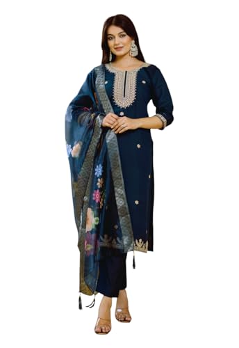 Ensemble de kurti brodé pour femme de qualité supérieure bleu traditionnel M