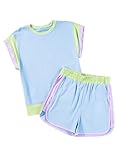 blibean Teens Girls Summer Clothes Sets Big Kid Short Sleeve Matching Outfit Tween Cute 2pc Shirt Shorts Beach Clothing Pockets Tshirts Tops Dress Rompers Size 10-11 Years Old Light Blue