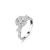 Dsnyu Anillo de compromiso para mujer, diseño floral, oro 375 con moissanite redondo de 1 ct, oro blanco de 9 quilates, plata, 16, Oro blanco 375 de 9 quilates, Moissanita