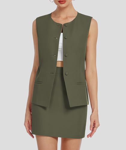 Casly Lamiit Womens Suits 2 Piece Set Summer Business Blazers Vest Skirts Set Button Down Sleeveless Waistcoat Dressy Casual Outfits Army Green 2XL — view 2