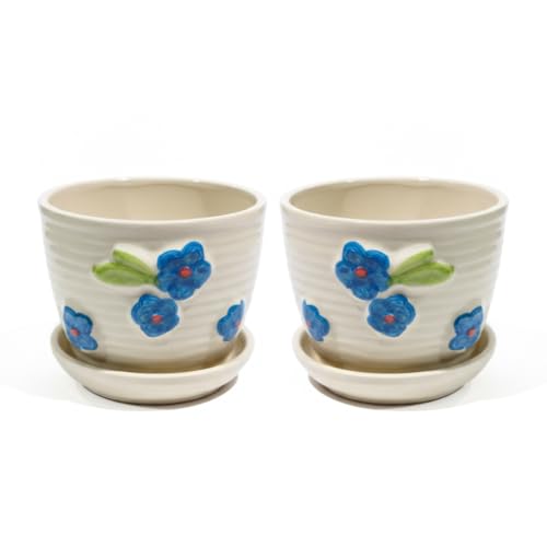 Image of Kraftlik Handicrafts Small Ceramic Planter with Attached Saucer | White Textured Mini Flower Pot for Succulents & Home Decor (Pack of 2)