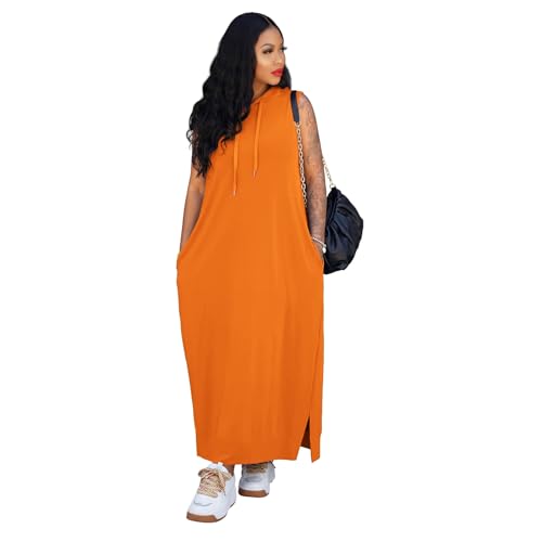 kaimimei Women Oversize Tshirt Dress Sleeveless Hooded Split Summer Casual 2026 Maxi Dress with Pockets Orange Small
