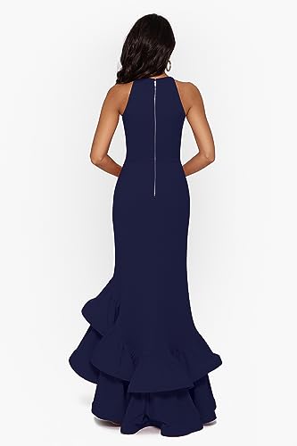 Image of Betsy & Adam Women's Floor Length Metallic Crinkle Knit Sleeveless High Neck Ruched Column Evening Gown Hidden Back Zipper