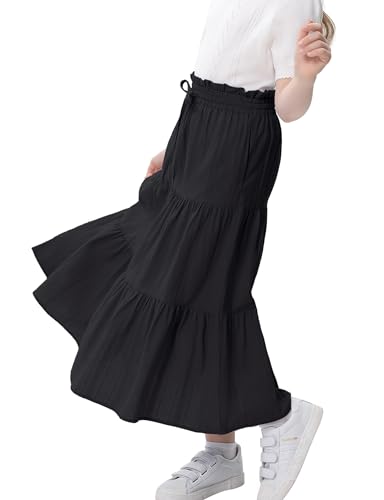 Image of Maxi Skorts Skirt for Girls Button Front High Waisted Long Skirt with Belt Ruffled Skirts with Pocket 3-12Years
