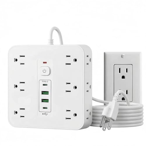 16-in-1 Surge Protector Power Strip with 12 AC Outlets 4 USB Ports (2 USB-C & 2 USB-A) | 10A Overload Protection Flat Plug Extension Cord for Home Office Gaming Travel (White 6FT)