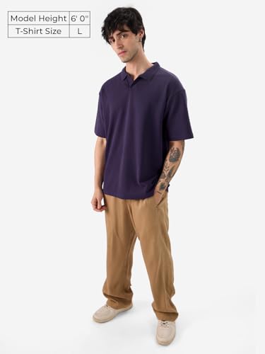 Image of The Souled Store Solids: Pastel Blue Men and Boys Short Sleeves Collared Neck Textured Cotton Blend Oversized Polos