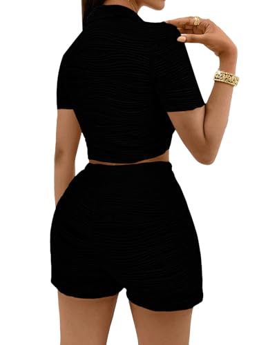 Image of MSLG Women's Sexy 2 Piece Set Solid Summer Bodycon Suit Casual Tie Front Short Sleeve V Neck Crop Top Shorts Outfits Sets S42