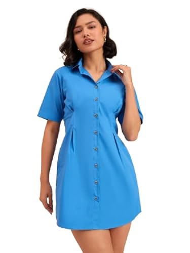 barcino Royal Smocked Pure Cotton Shirt Mini Dress Blue