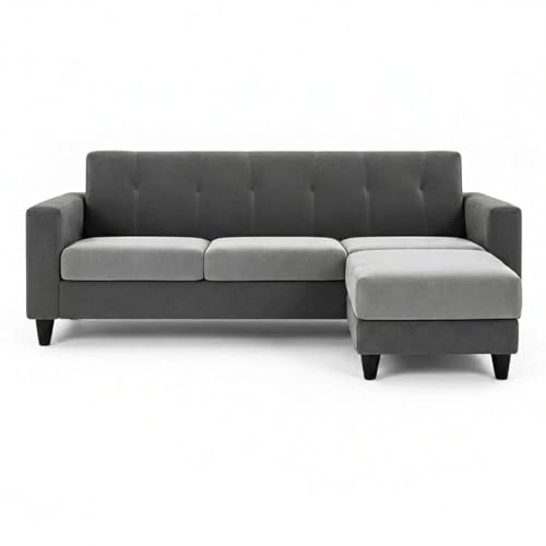 Image of Homeboy 4 Seater L Shape Sofa Set with Movable Ottoman | Flexible Left or Right Layout | Luxe Velvet Suede Fabric | Comfortable Seating | Modern Sofa for Living Room -Light Gray - Dark Gray