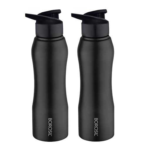Borosil 750 ml Hydra 2pc Set of Grip n Sip Stainless Steel Water Bottle | ISI Certified, Made in India | Single Wall, Leakproof| Bottle for Office, School, College & Gym | 1 Year Warranty | Black
