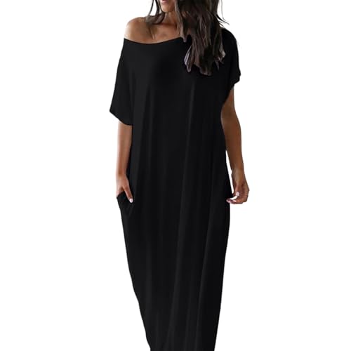 Image of One Shoulder Maxi Dresses for Women UK Casual Solid Color Long Dress Off Shoulder Short Sleeve Cotton Dresses with Pockets Ladies Elegant A-Line Sundress Loose Fit Swing Party Dress Strand Black