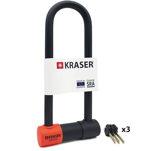 KRASER KR85L Robusto Candado Moto U Bloqueo, Homologado SRA, Alta Seguridad Testada, Arco 85x300mm ø18mm Doble Cierre, Cerradura Antiganzua, Antirrobo U Lock para Motocicleta, Scooter, Bici Eléctrica