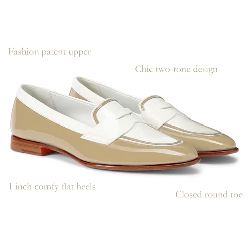 Image of Women Patent Slip On Loafer Flats Two Tone Round Toe Flat Heel Penny Loafers Casual 1 inch Low Heel Loafer Dress Shoes Oxford Comfort Chic Colorblock Office Ladies 4-11 M US
