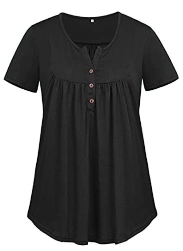 VISLILY Women's Plus Size Henley Shirts Flowy Summer Tops Pleated Buttons Up Tunics3