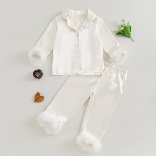 Satin Silk 𝐏ajamas for Girls Lightweight Fleece Long Sleeve Button Shirts Elastic Waist Pants Set Soft 𝗦leepwear2