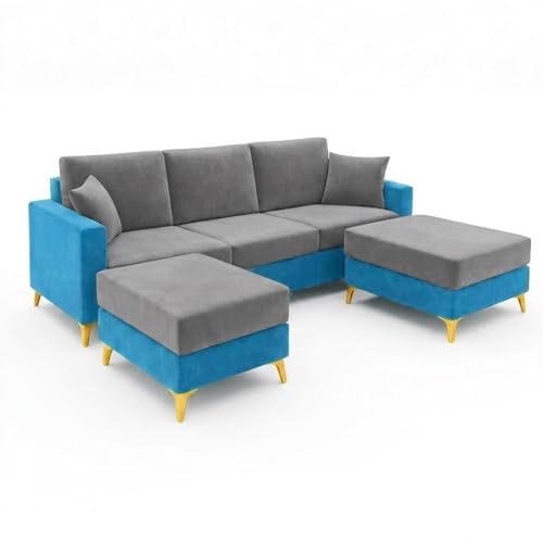 Image of Strike Dual Tone Plush 5 Seater L Shape Sofa Set with 2 Movable Ottomans | Flexible Layout | Silken Velvet Suede|Golden Metal Legs| for Living Room & Office Spaces (Aqua Blue & Dark Grey)