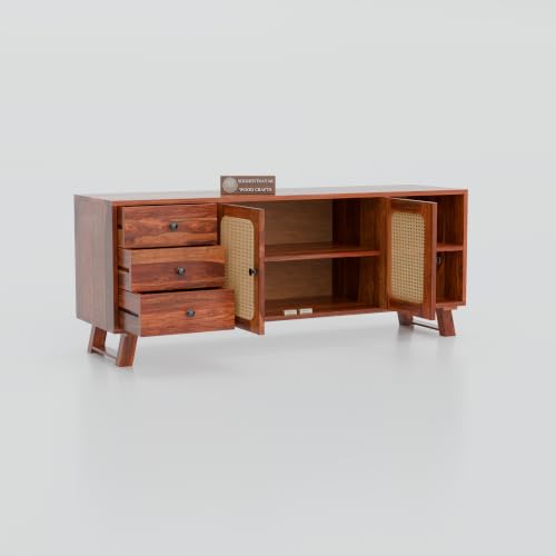 Image of Solid Wood TV Entertainment Unit with 3 Drawers, 2 Cane Doors & Open Storage Shelf | Wooden TV Stand & Media Console Cabinet for Living Room | Mid-Century Modern Television Cabinet | Walnut Finish