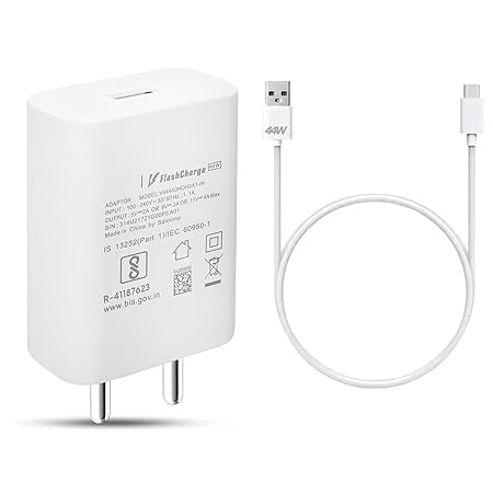 Image of Original 44W Fast Charging Adapter with Type-A to Type-C Cable Compatible with Vivo S1 Pro, T3 Pro Rapid, Reliable & Safe Power Delivery