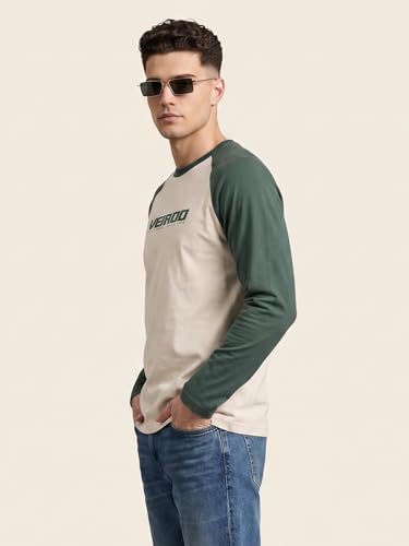 Image of Veirdo Pure Cotton Regular Fit Round Neck Front Chest Typographic Logo Printed Raglan Full Sleeve T-Shirt for Men (Colors: Green, Brown & Maroon)