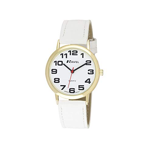 Ravel - Montre Bracelet Unisexe Facile à Lire avec de Gros Chiffres - Cadran Blanc/Ton Or/Blanc