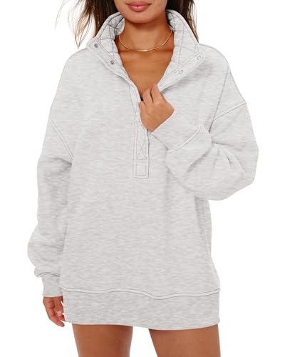 Locachy Womens Henley Neck Button Oversized Sweatshirt Casual Long Sleeve Pullover Tops 2026 Fashion Outfits Clothes Light Grey M