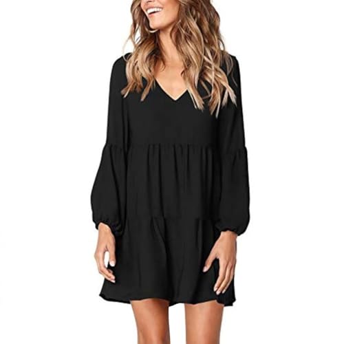 XFSRG Vestito da Donna Maniche Lunghe Casual Abito Corto in Scollo V Elegante Moda Vestitino in Maglione a Pieghe Tunica Tinta Unita Abitino Primavera Autunno (Nero L)