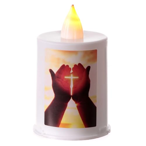 White LED Votive Candle with Hands and Cross Image, 60 Days