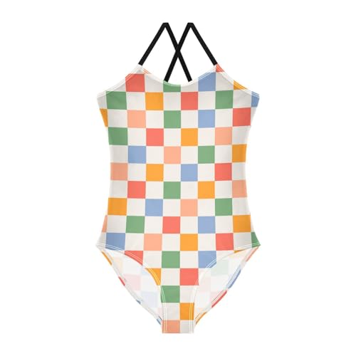 Image of Black and White Chess Girls One Piece Swimsuits Board Marble Tile Sport Halter Swimwear Beach Bathing Suit 3T