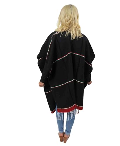 Leos Imports Lupita Virgen de Guadalupe Black Mexican Poncho - Unisex V-Neck Fringed Poncho3