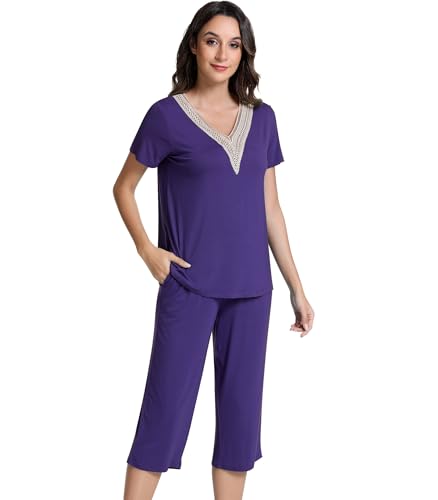 Image of NACHILA Pajamas for Women-Viscose Made from Bamboo, Short Sleeve Sleepwear Soft Capri Pants Pjs Lace V Neck Lounge Sets